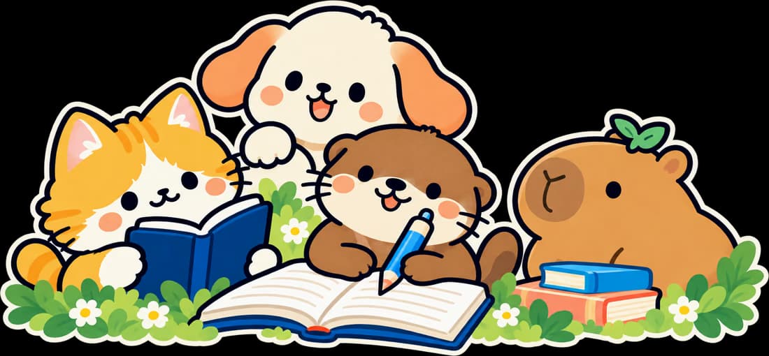 A kitten, puppy, otter and capybara studying together